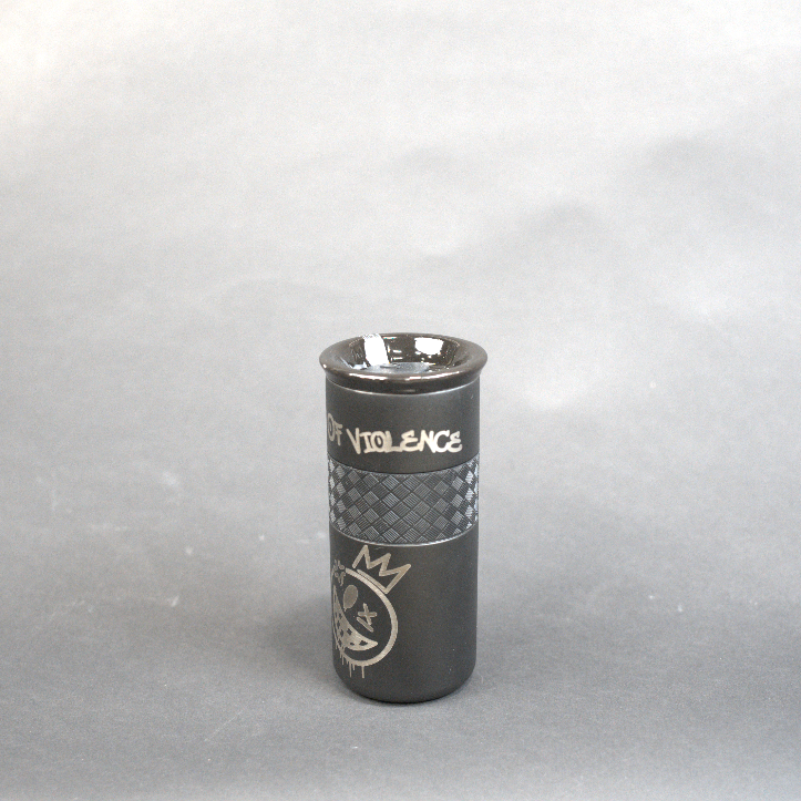 Black tumbler with a logo on a gray background