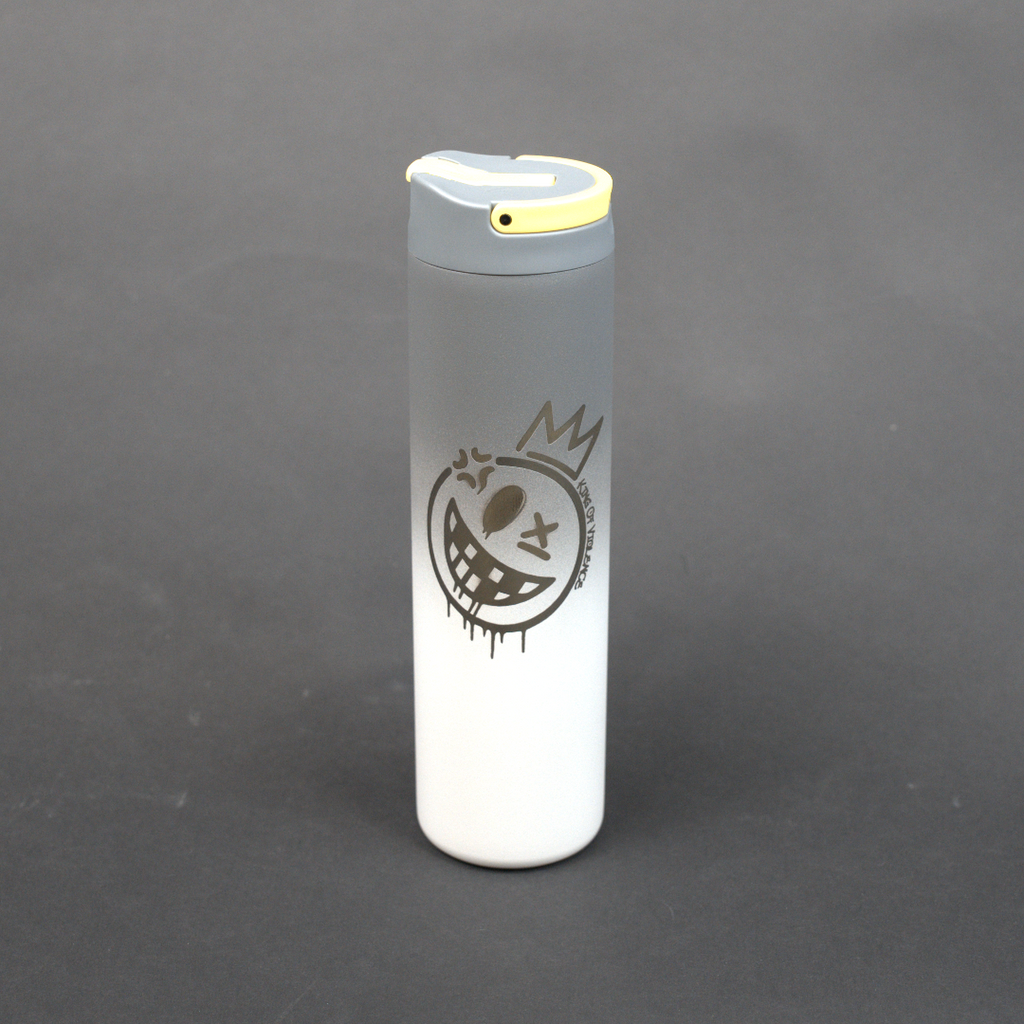 White tumbler with a logo on a gray background