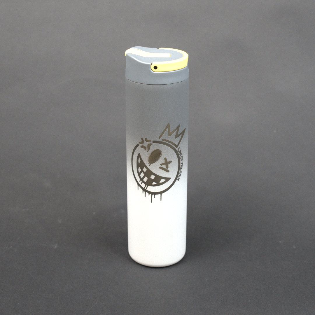 White tumbler with a logo on a gray background