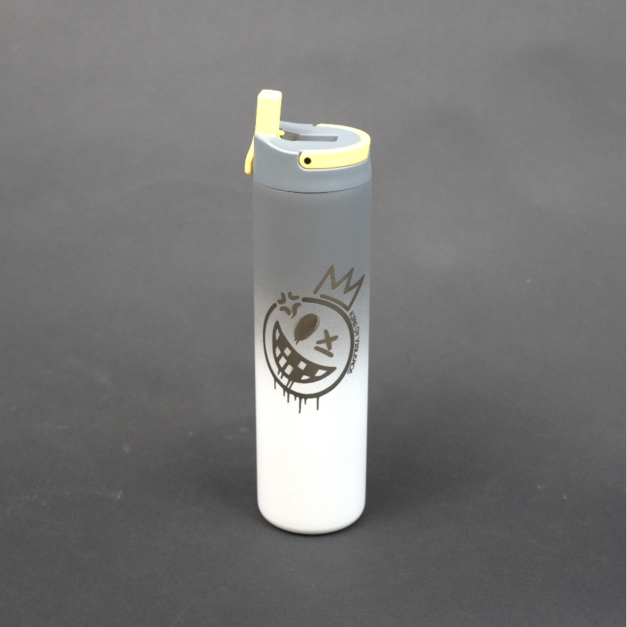 Clear cylindrical container with a black logo on a gray background