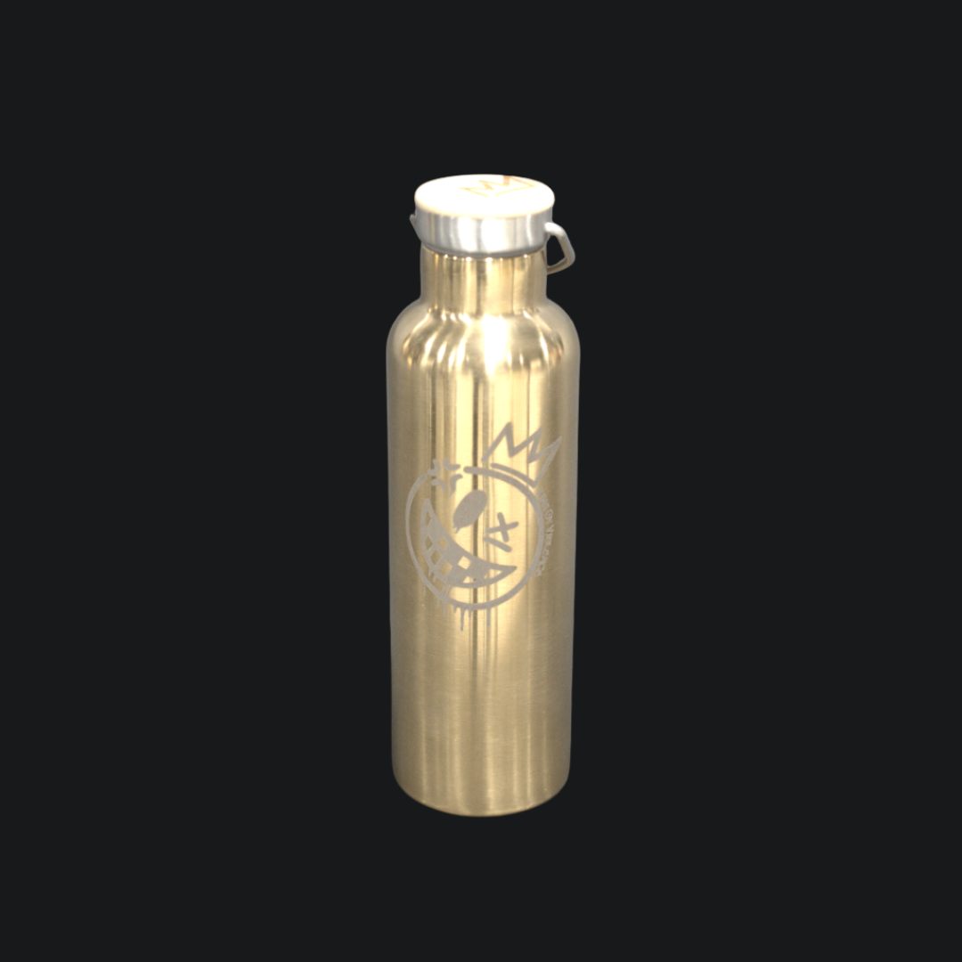 Gold-colored water bottle with a logo on a gray background