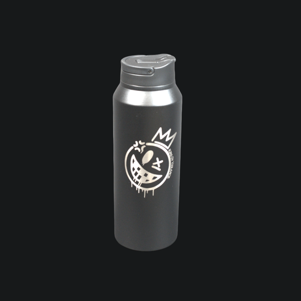 Black water bottle with a white logo on a gray background