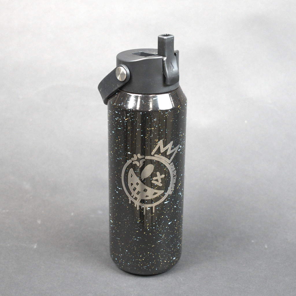 Black water bottle with a logo on a gray background