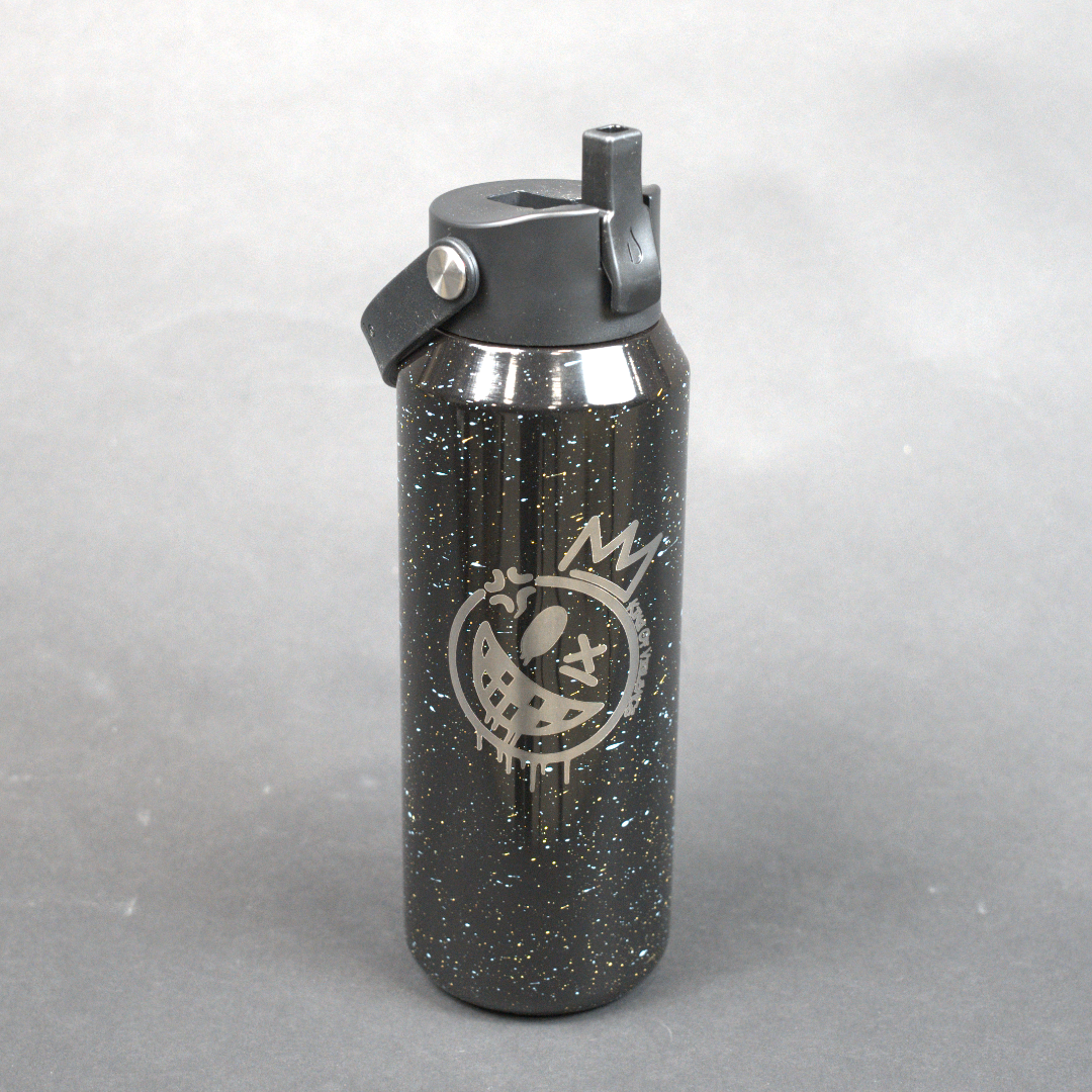 Black water bottle with a logo on a gray background
