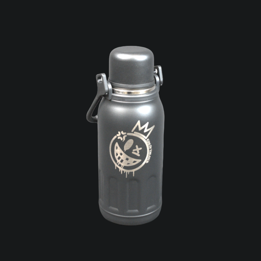 Gray thermos bottle with a logo on a gray background