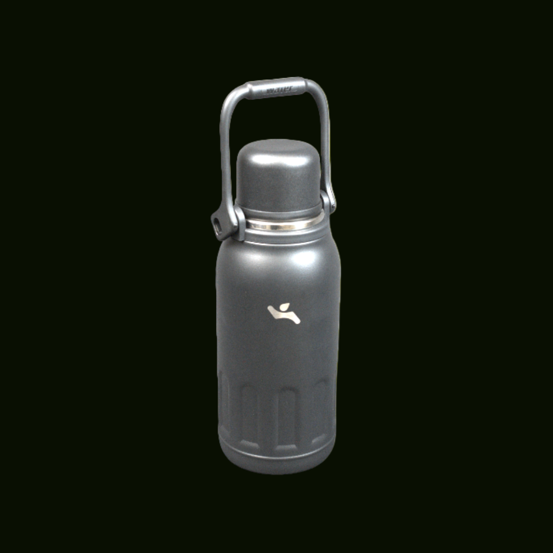 Gray water bottle with a handle on a light gray background